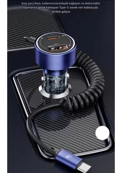 Toocki 60W Yaylı Şarj Kablolu 3 Girişli Type-C ve Usb Hızlı CE+Rohs Lisanslı Orjinal Sağlam Araç Şarjı
