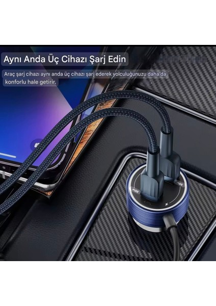 Toocki 60W Yaylı Şarj Kablolu 3 Girişli Type-C ve Usb Hızlı CE+Rohs Lisanslı Orjinal Sağlam Araç Şarjı