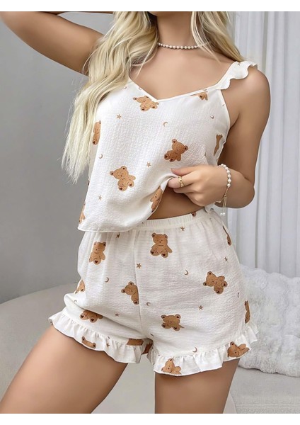 - Pamuklu Ayıcık Desen Fırfırlı Askılı Şortlu Pijama Takımı modelleri