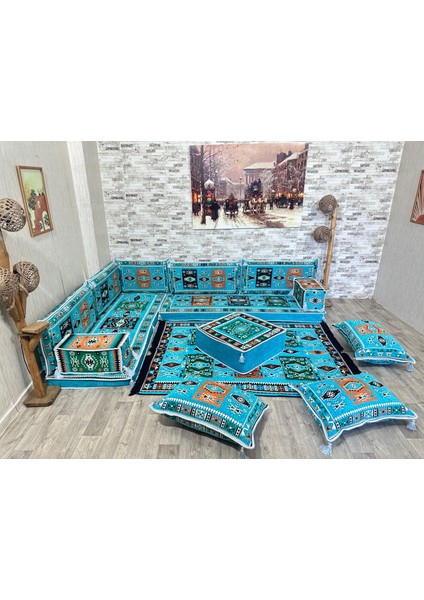 Şark Köşesi Otantik Milas Desenli Sofa Sets Turkuaz