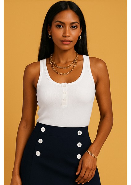 Kadın Premium Fitilli Önü Düğmeli Beyaz Atlet