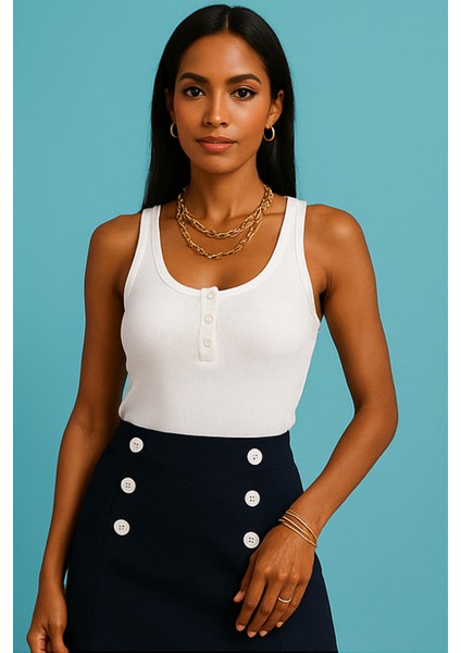 Kadın Premium Fitilli Önü Düğmeli Beyaz Atlet fiyatları