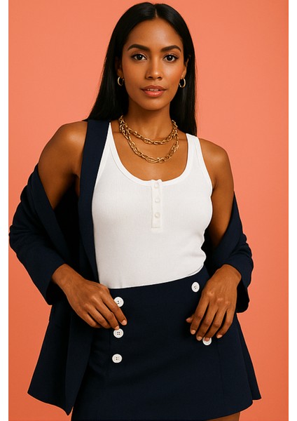 Kadın Premium Fitilli Önü Düğmeli Beyaz Atlet fırsatları