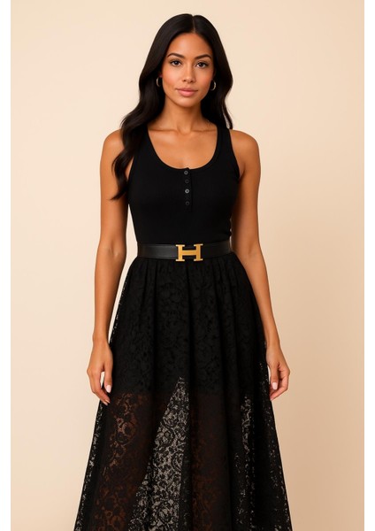 Kadın Premium Fitilli Önü Düğmeli Siyah Atlet