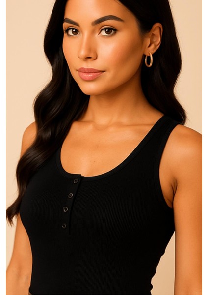 Kadın Premium Fitilli Önü Düğmeli Siyah Atlet fiyatları