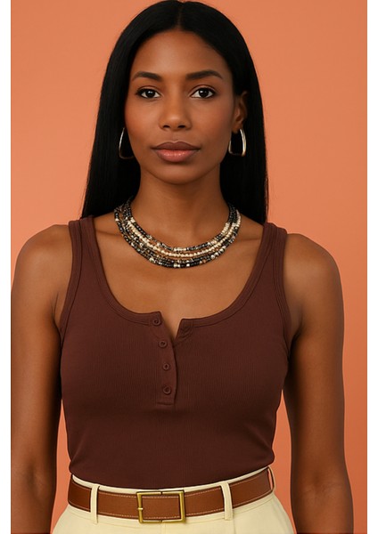 Kadın Premium Fitilli Önü Düğmeli Kahverengi Atlet modelleri