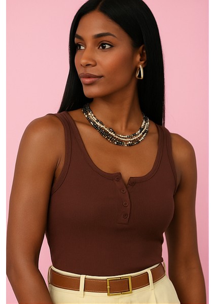 Kadın Premium Fitilli Önü Düğmeli Kahverengi Atlet fırsatları