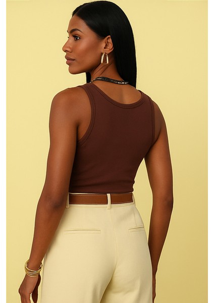 Kadın Premium Fitilli Önü Düğmeli Kahverengi Atlet indirimleri