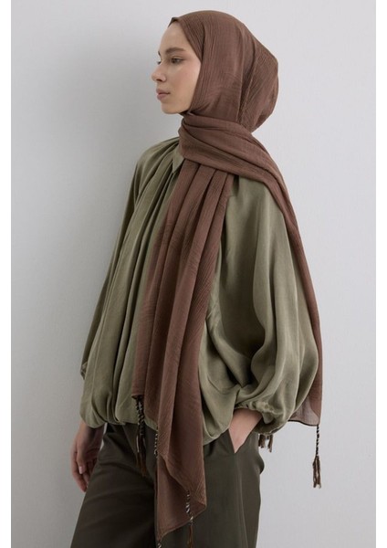 Brıce Kahve Uzun Saçak Püsküllü Pamuklu Şal