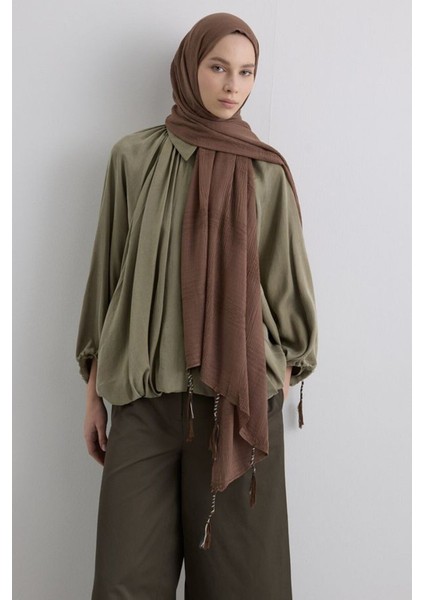 Brıce Kahve Uzun Saçak Püsküllü Pamuklu Şal