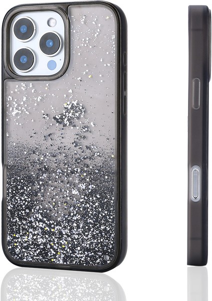 iPhone 12 Pro Uyumlu Kılıf Sıvılı Simli Şeffaf Arka Yüzey Kflg Keto Silikon Kapak-Siyah