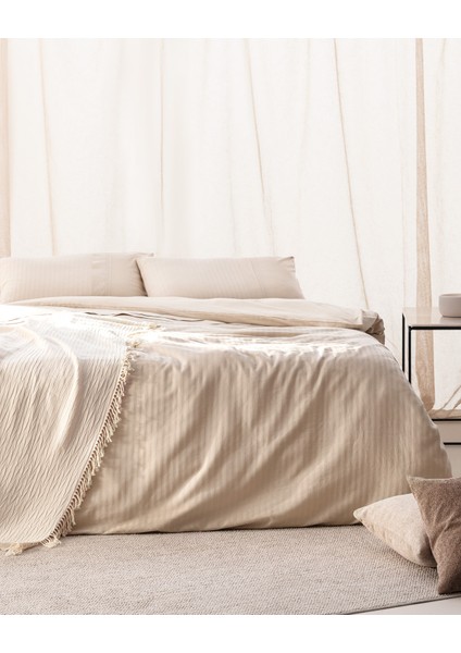 Adrien Çift Kişilik %100 Pamuklu Çizgili Kapaklı Nevresim Takımı - Bej