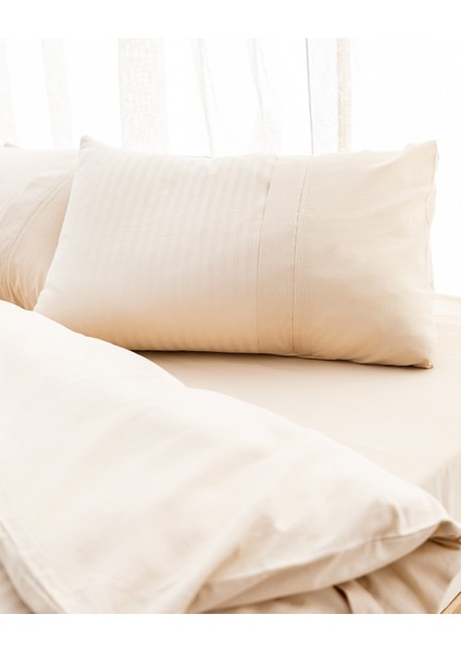 Adrien Çift Kişilik %100 Pamuklu Çizgili Kapaklı Nevresim Takımı - Bej fırsatları