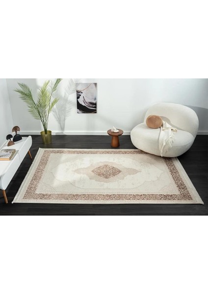 Dark DK015A Bej Kahverengi Kenar Çerçeveli Göbekli Akrilik Tozuaz Modern Salon Halısı Koridor fiyatları
