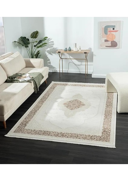 Dark DK015A Bej Kahverengi Kenar Çerçeveli Göbekli Akrilik Tozuaz Modern Salon Halısı Koridor modelleri