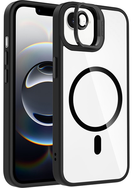 iPhone 16E Kılıf Standlı ve Kamera Lens Hediyeli M-Safe Şarj Özellikli Frm Etro Kapak - Siyah