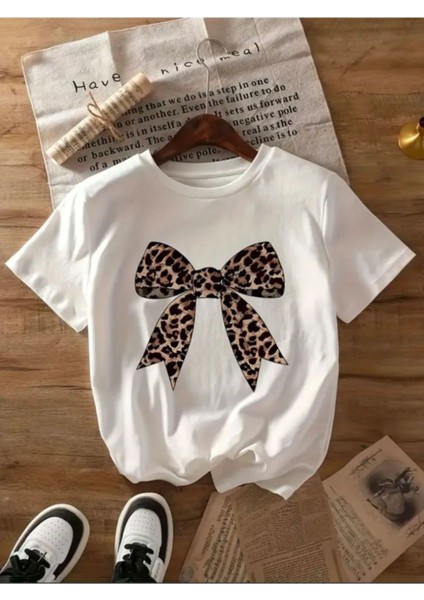 Leopar Desenli Kurdele Özel Tasarım Ön Baskılı Tasarım Tshirt