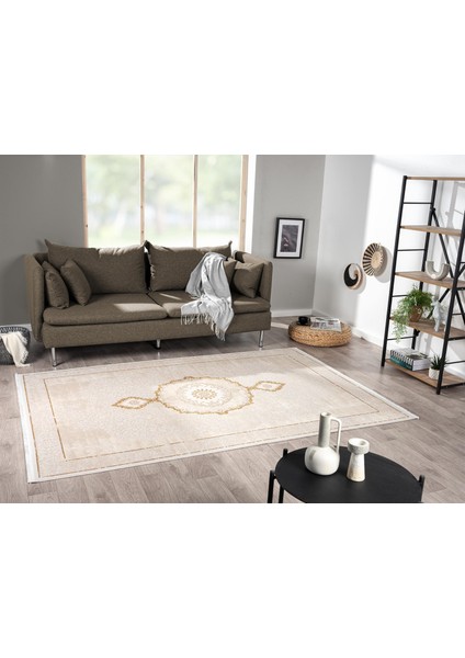 Elit EL004S Krem Gold Detaylı Göbekli Kenar Çerçeveli Ince Yumuşak Akrilik Tozuaz Modern Halı Salon modelleri