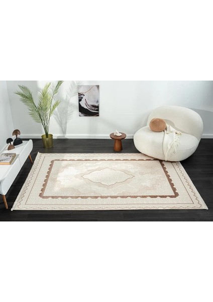 Dark DK016A Bej Halı Kahverengi Kenar Çerçeveli Göbekli Akrilik Tozuaz Modern Salon Halısı Koridor fiyatları