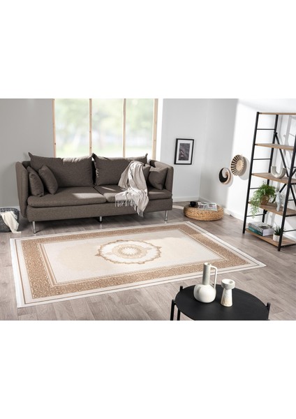 Elit EL002A Krem Toprak Kenar Çerçeveli Göbekli Ince Yumuşak Akrilik Tozuaz Modern Salon Halısı modelleri