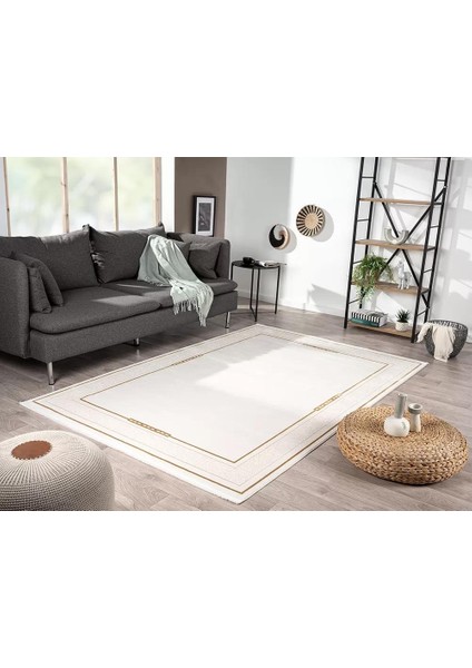 Elit EL006S Krem Gold Detaylı Kenar Çerçeveli Ince Yumuşak Akrilik Tozuaz Modern Salon Halısı fiyatları