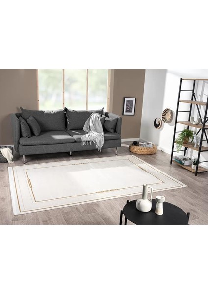 Elit EL006S Krem Gold Detaylı Kenar Çerçeveli Ince Yumuşak Akrilik Tozuaz Modern Salon Halısı modelleri