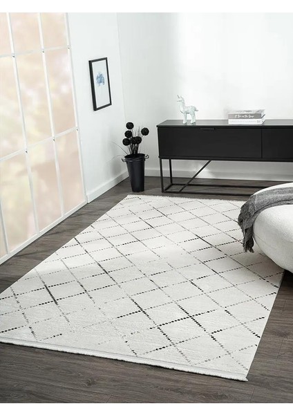 Elegance EG010A Beyaz Halı Geometrik Detaylı Modern Viskon Doğal Iplik Bambu Halı Tozu Az Salon Halı modelleri