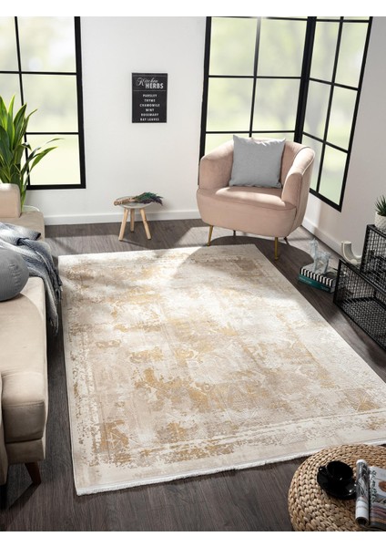 Merit MR003S Krem Gold Detaylı Ince Yumuşak Akrilik Tozuaz Modern Salon Halısı Koridor Halısı fiyatları