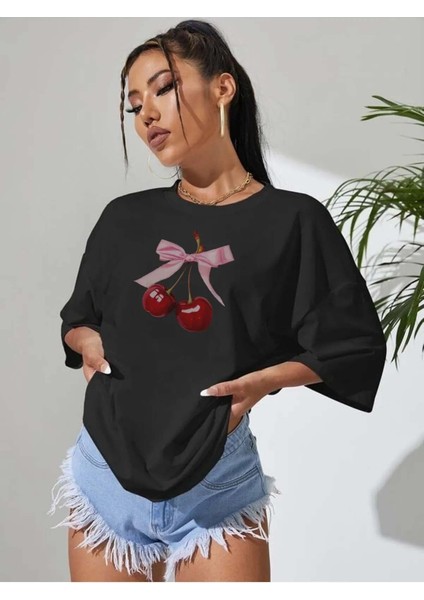 Kiraz Kurdele Özel Tasarım Ön Baskılı Tasarım Tshirt