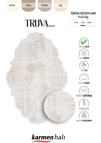 Truva 8361 Özel Kesim Krem Bej Detaylı Kalın Akrilik Tozuaz Modern Salon Halısı Yatak Odası
