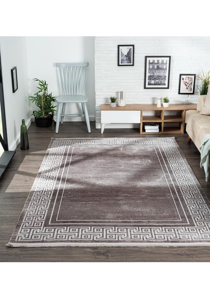 Trend 2809 Gri Halı Krem Kenar Çerçeveli Modern Ince Yumuşak Akrilik Tozuaz Salon Halısı Koridor modelleri