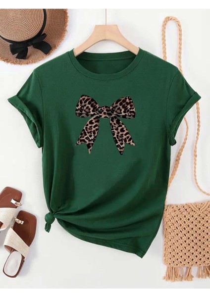 Leopar Desenli Kurdele Özel Tasarım Ön Baskılı Tasarım Tshirt