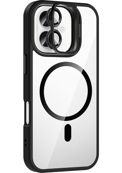 iPhone 16 Kılıf Standlı ve Kamera Lens Hediyeli M-Safe Şarj Özellikli Frm Etro Kapak - Lacivert modelleri