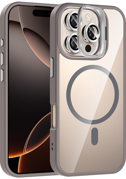 iPhone 16 Pro Max Kılıf Standlı ve Kamera Lens Hediyeli M-Safe Şarj Özellikli Frm Etro Kapak - Gri