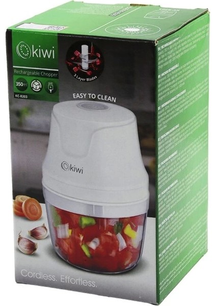 Kiwi KC-8203 USB Şarjlı Mini 3 Bıçaklı Blender Rondo Gıda Doğrayıcı 350ML=MİKA Kristal Hazne (4887)