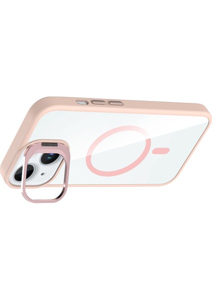 iPhone 15 Kılıf Standlı ve Kamera Lens Hediyeli M-Safe Şarj Özellikli Frm Etro Kapak - Gri