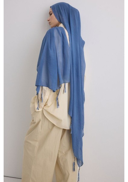 Brıce Indigo Uzun Saçak Püsküllü Pamuklu Şal