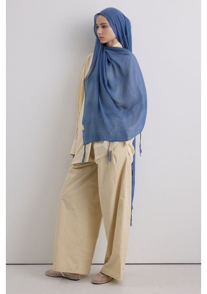 Brıce Indigo Uzun Saçak Püsküllü Pamuklu Şal