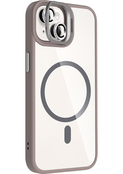 iPhone 14 Kılıf Standlı ve Kamera Lens Hediyeli M-Safe Şarj Özellikli Frm Etro Kapak - Pembe modelleri