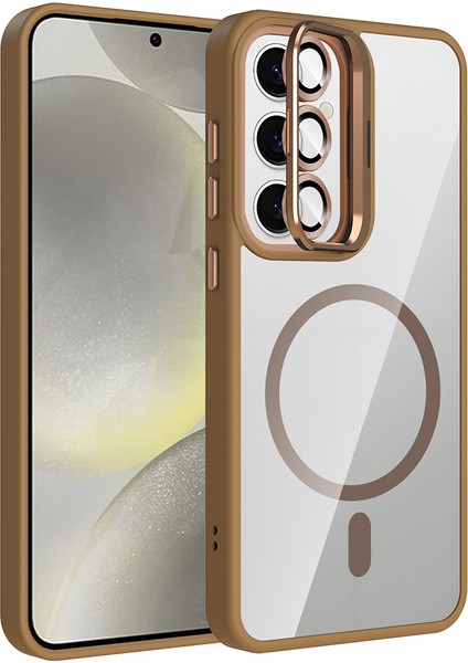 Galaxy S24 Fe Kılıf Standlı ve Kamera Lens Hediyeli M-Safe Şarj Özellikli Frm Etro Kapak - Desert T