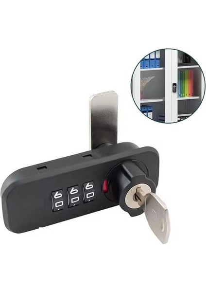 Powermaster PM-26725 3 Haneli Şifreli ve Anahtarlı Mekanik Siyah Çekmece Dolap Kilidi (Sol)