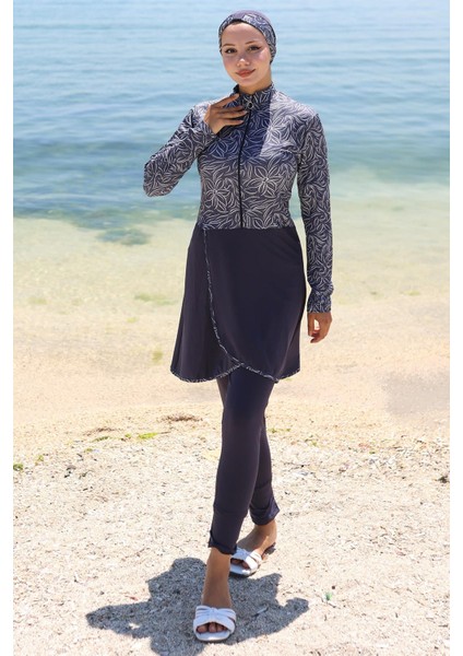 Yarım Fermuarlı Çiçek Desenli Tam Kapalı Tesettür Mayo Lacivert HM2786