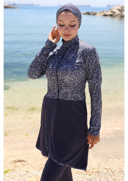 Yarım Fermuarlı Çiçek Desenli Tam Kapalı Tesettür Mayo Lacivert HM2786 fiyatları