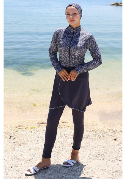 Yarım Fermuarlı Çiçek Desenli Tam Kapalı Tesettür Mayo Lacivert HM2786 modelleri