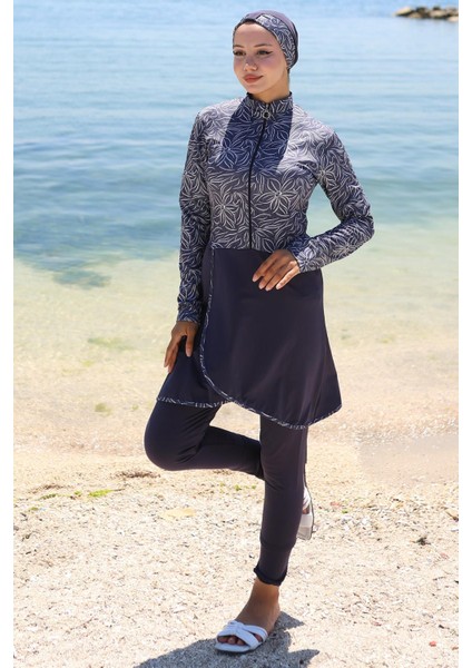 Yarım Fermuarlı Çiçek Desenli Tam Kapalı Tesettür Mayo Lacivert HM2786 fırsatları