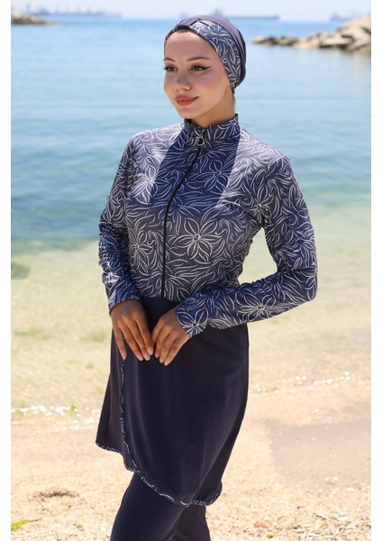 Yarım Fermuarlı Çiçek Desenli Tam Kapalı Tesettür Mayo Lacivert HM2786 indirimleri