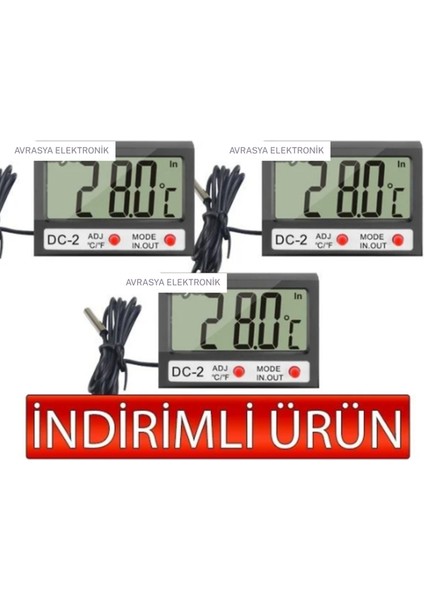 Dc-2 Mini Kablolu Iç-Dış Termometre Saat (3' Lü Paket)