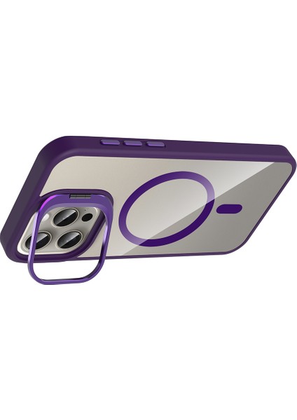 iPhone 15 Pro Max Kılıf Standlı ve Kamera Lens Hediyeli M-Safe Şarj Özellikli Frm Etro Kapak - Pemb