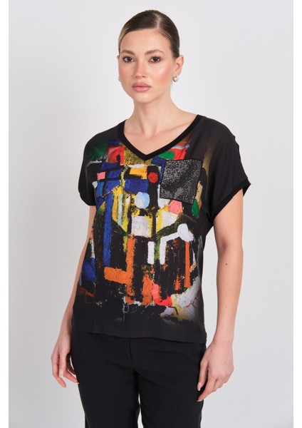 Kadın Desenli Süs Cepli V Yaka T-Shirt 5842 Siyah