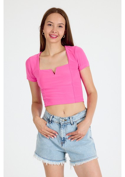 Pembe Kare Yaka V Kesim Detaylı Crop Bluz 10432 fiyatları